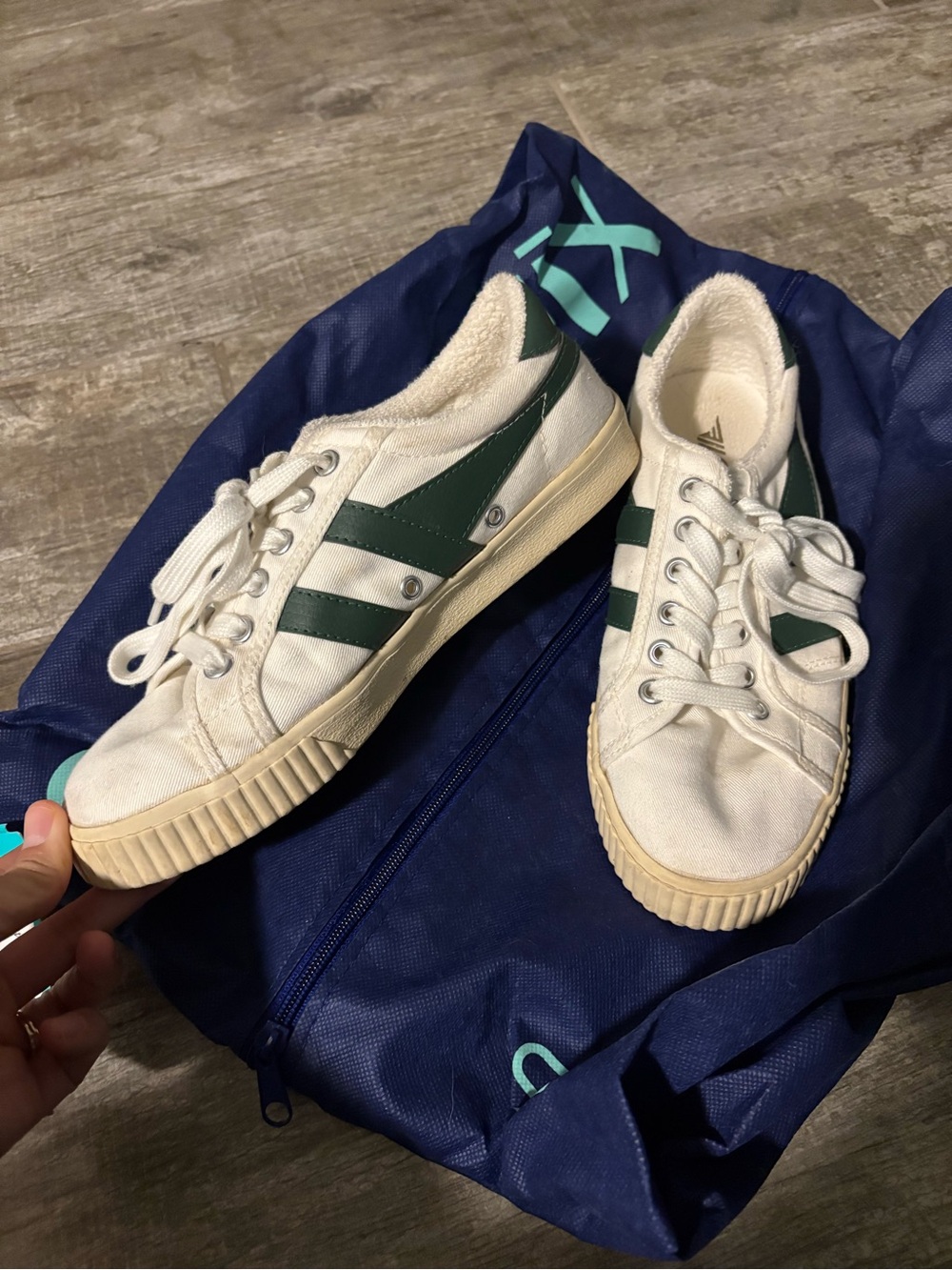 Gola White Canvas Sneakers with Dark Green Stripes